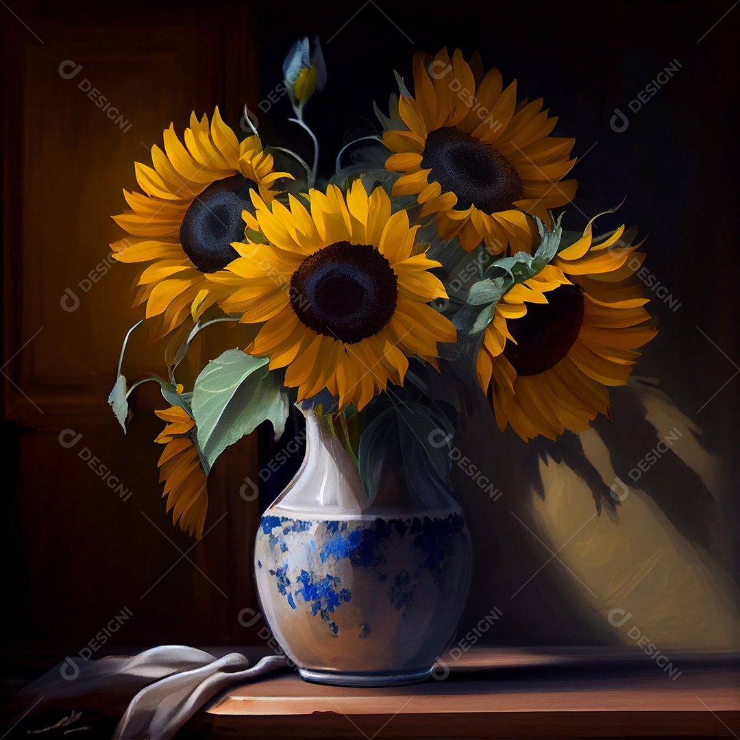 Ilustração 3D de vaso com girassóis