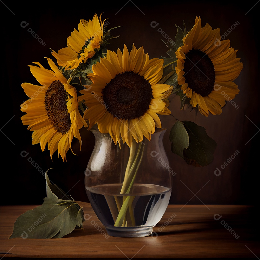 Ilustração 3D de vaso com girassóis