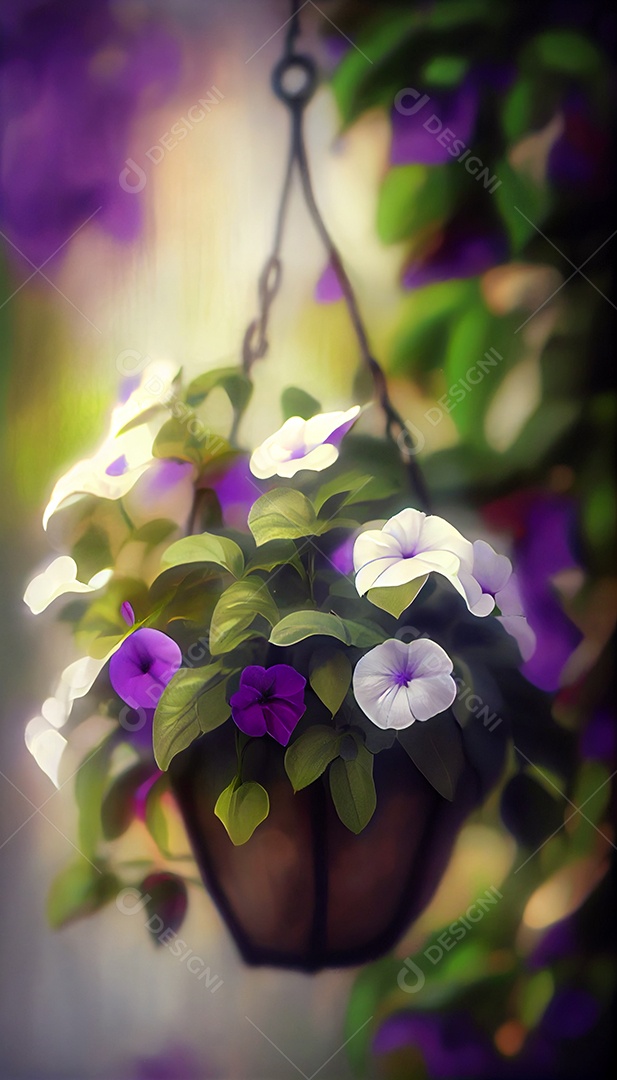 Ilustração 3D cesta suspensa com flores