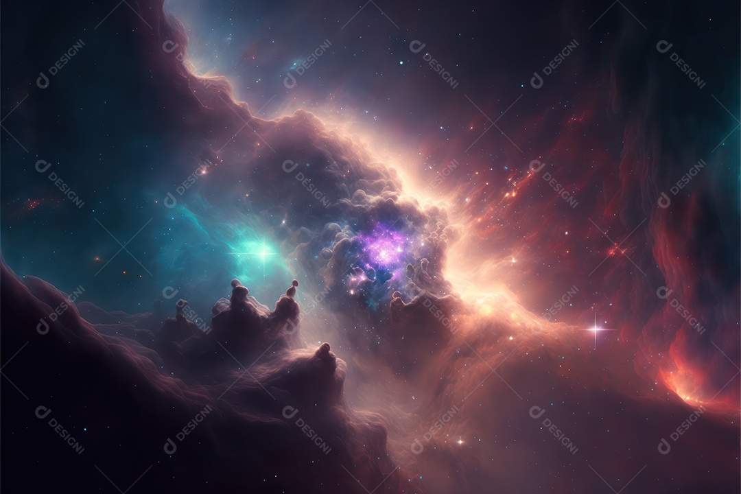 Ilustração do cosmos espacial sobre a origem da vida, universo, explosão galáctica, cometas, constelações e nebulosas
