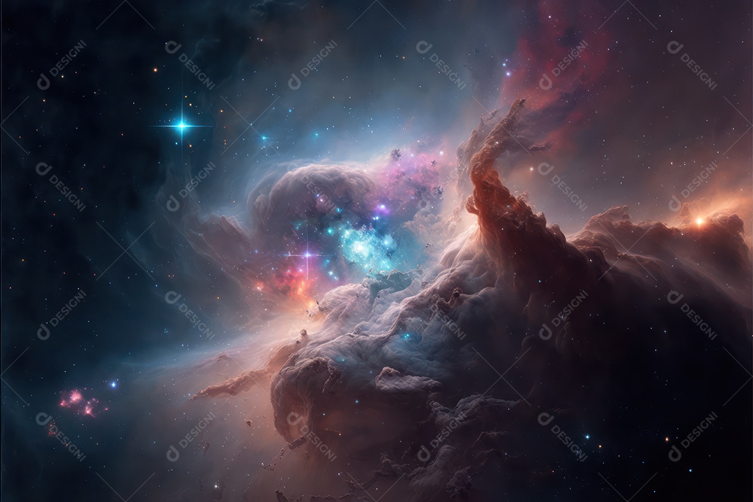 Ilustração do cosmos espacial sobre a origem da vida, universo, explosão galáctica, cometas, constelações e nebulosas