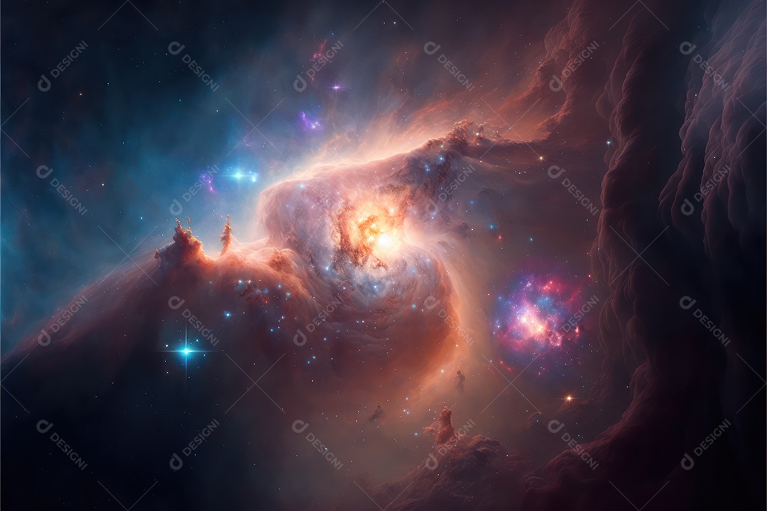 Ilustração do cosmos espacial sobre a origem da vida, universo, explosão galáctica, cometas, constelações e nebulosas