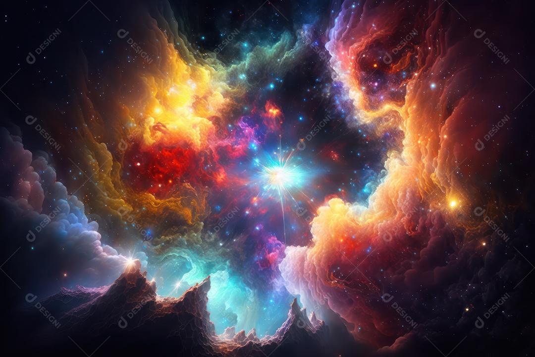 Ilustração do cosmos espacial sobre a origem da vida, universo, explosão galáctica, cometas, constelações e nebulosas