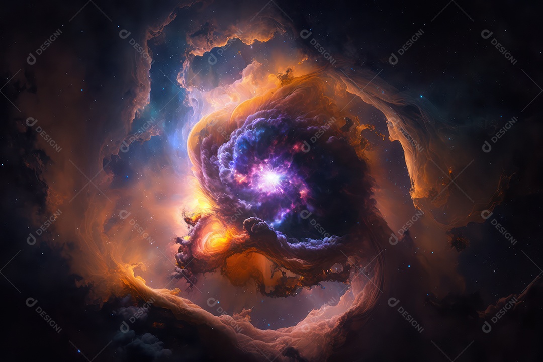 Ilustração do cosmos espacial sobre a origem da vida, universo, explosão galáctica, cometas, constelações e nebulosas