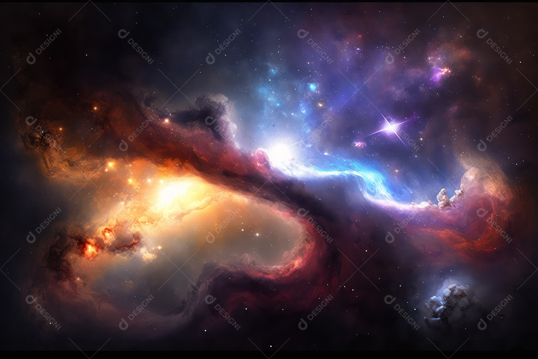 Ilustração do cosmos espacial sobre a origem da vida, universo, explosão galáctica, cometas, constelações e nebulosas