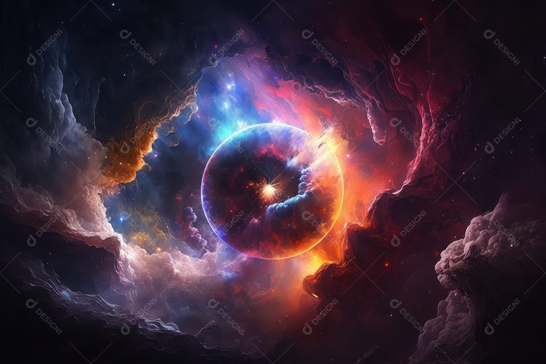 Ilustração do cosmos espacial sobre a origem da vida, universo, explosão galáctica, cometas, constelações e nebulosas