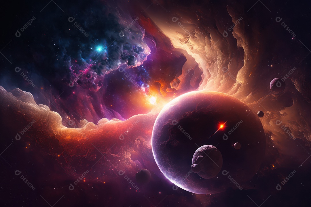 Ilustração do cosmos espacial sobre a origem da vida, universo, explosão galáctica, cometas, constelações e nebulosas