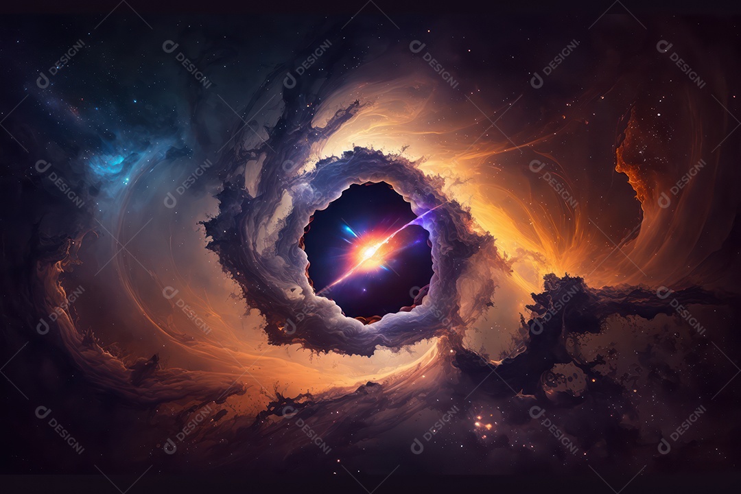 Ilustração do cosmos espacial sobre a origem da vida, universo, explosão galáctica, cometas, constelações e nebulosas