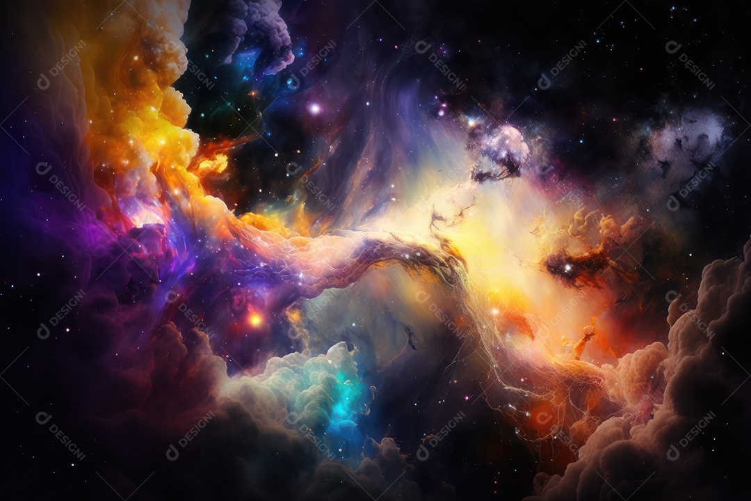 Ilustração do cosmos espacial sobre a origem da vida, universo, explosão galáctica, cometas, constelações e nebulosas