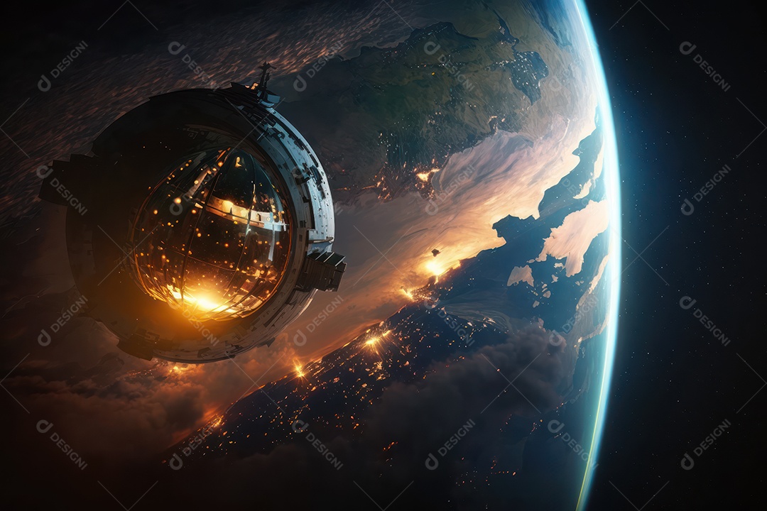 Bela imagem da terra noite e dia em visão detalhada de um satélite no espaço orbitando com o planeta Terra