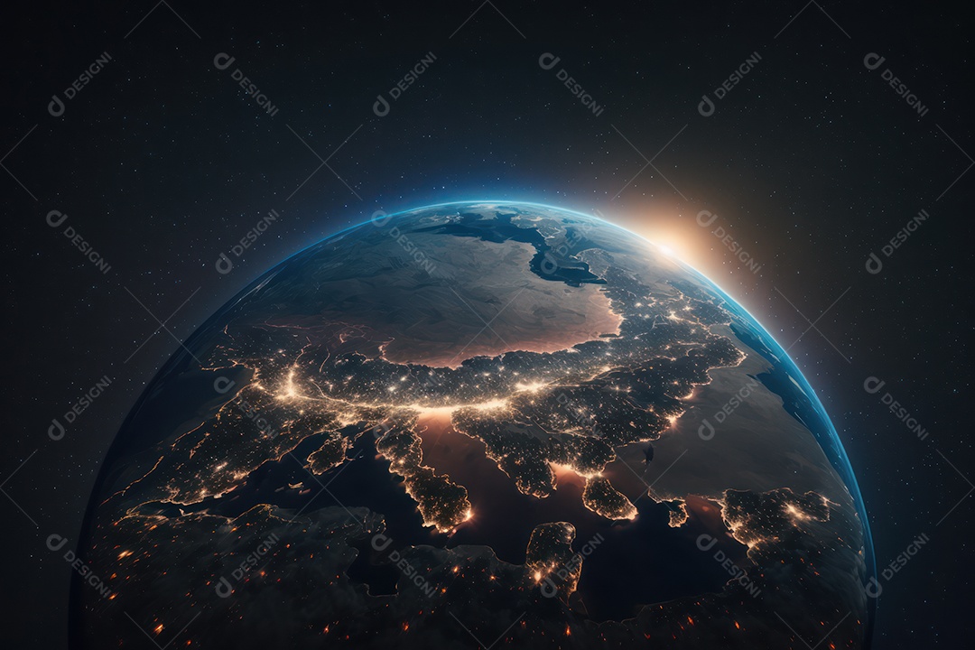 Bela imagem da terra noite e dia em visão detalhada de um satélite no espaço orbitando com o planeta Terra
