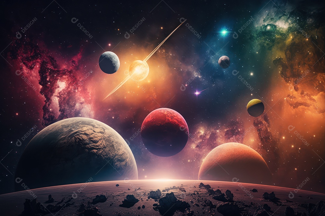 Paisagem espacial fantástica com planetas e constelações em cores brilhantes, explosão galáctica de estrelas, cometas e nebulosas