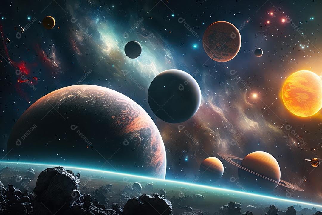 Paisagem espacial fantástica com planetas e constelações em cores brilhantes, explosão galáctica de estrelas, cometas e nebulosas