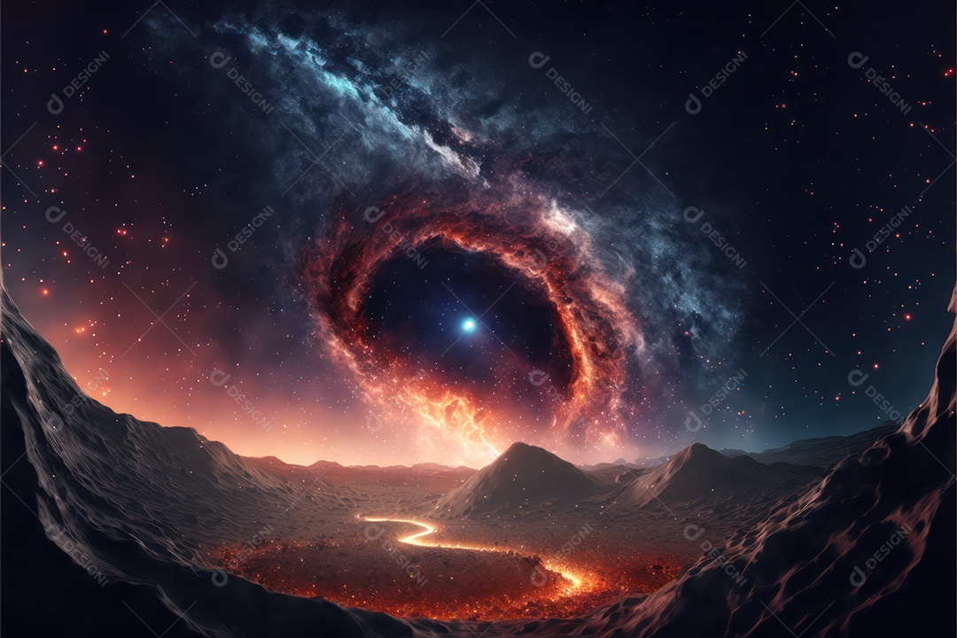 Paisagem espacial fantástica com planetas e constelações em cores brilhantes, explosão galáctica de estrelas, cometas e nebulosas