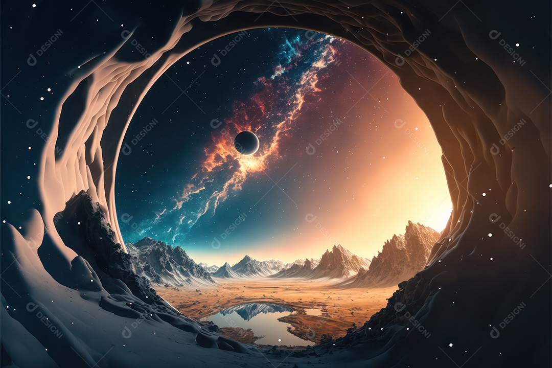 Paisagem espacial fantástica com planetas e constelações em cores brilhantes, explosão galáctica de estrelas, cometas e nebulosas