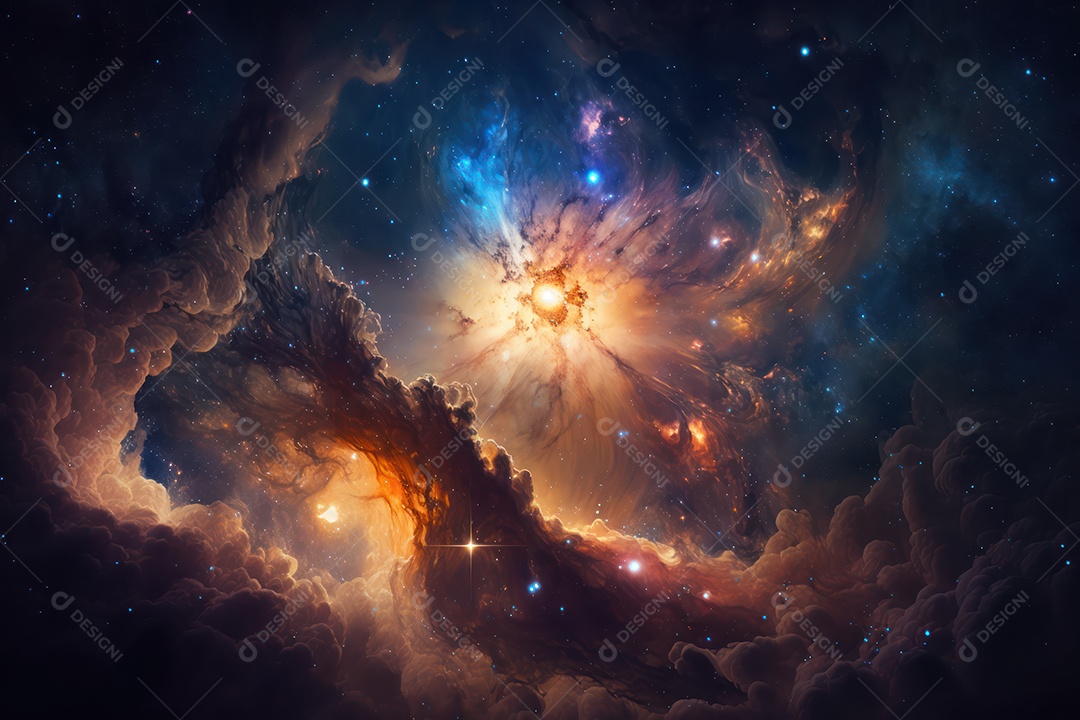 Ilustração do cosmos espacial sobre a origem da vida, universo, explosão galáctica, cometas, constelações e nebulosas