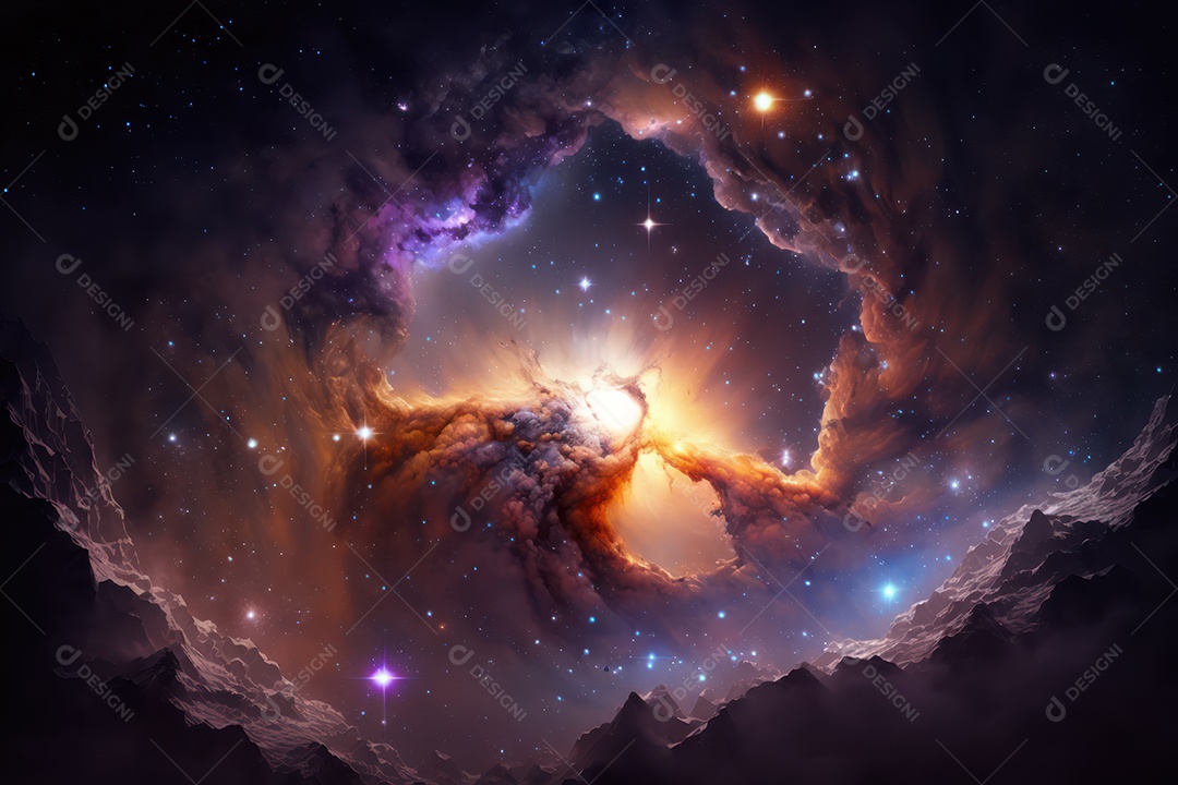 Ilustração do cosmos espacial sobre a origem da vida, universo, explosão galáctica, cometas, constelações e nebulosas