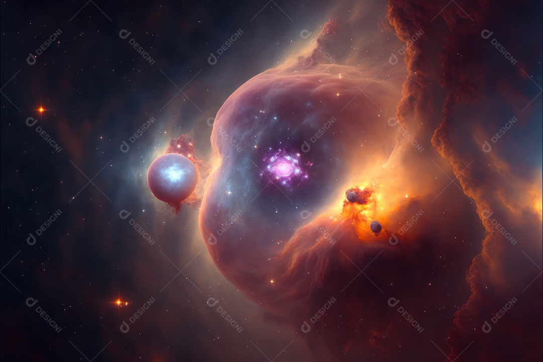 Ilustração do cosmos espacial sobre a origem da vida, universo, explosão galáctica, cometas, constelações e nebulosas