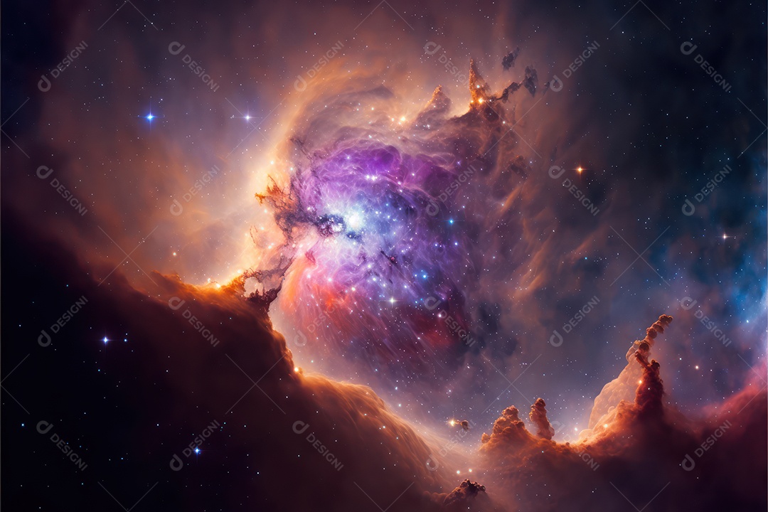 Ilustração do cosmos espacial sobre a origem da vida, universo, explosão galáctica, cometas, constelações e nebulosas