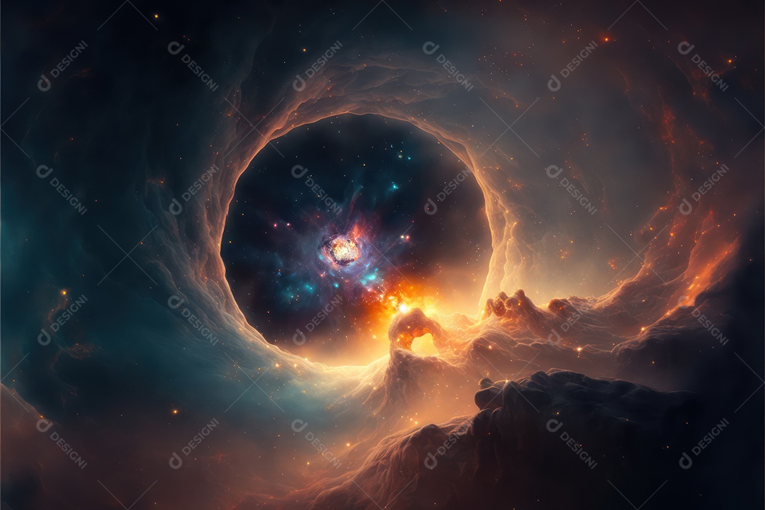 Ilustração do cosmos espacial sobre a origem da vida, universo, explosão galáctica, cometas, constelações e nebulosas