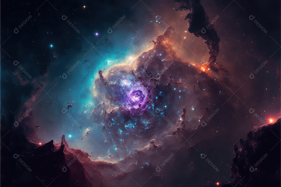Ilustração do cosmos espacial sobre a origem da vida, universo, explosão galáctica, cometas, constelações e nebulosas