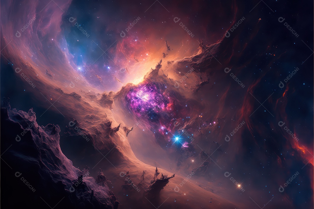 Ilustração do cosmos espacial sobre a origem da vida, universo, explosão galáctica, cometas, constelações e nebulosas