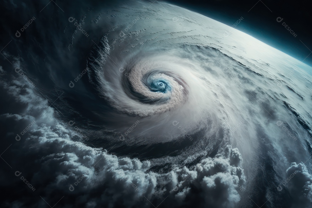 Imagem de grande furacão visto por satélite orbitando a Terra, grande tempestade de nuvens volumosas e clima tempestuoso dramático