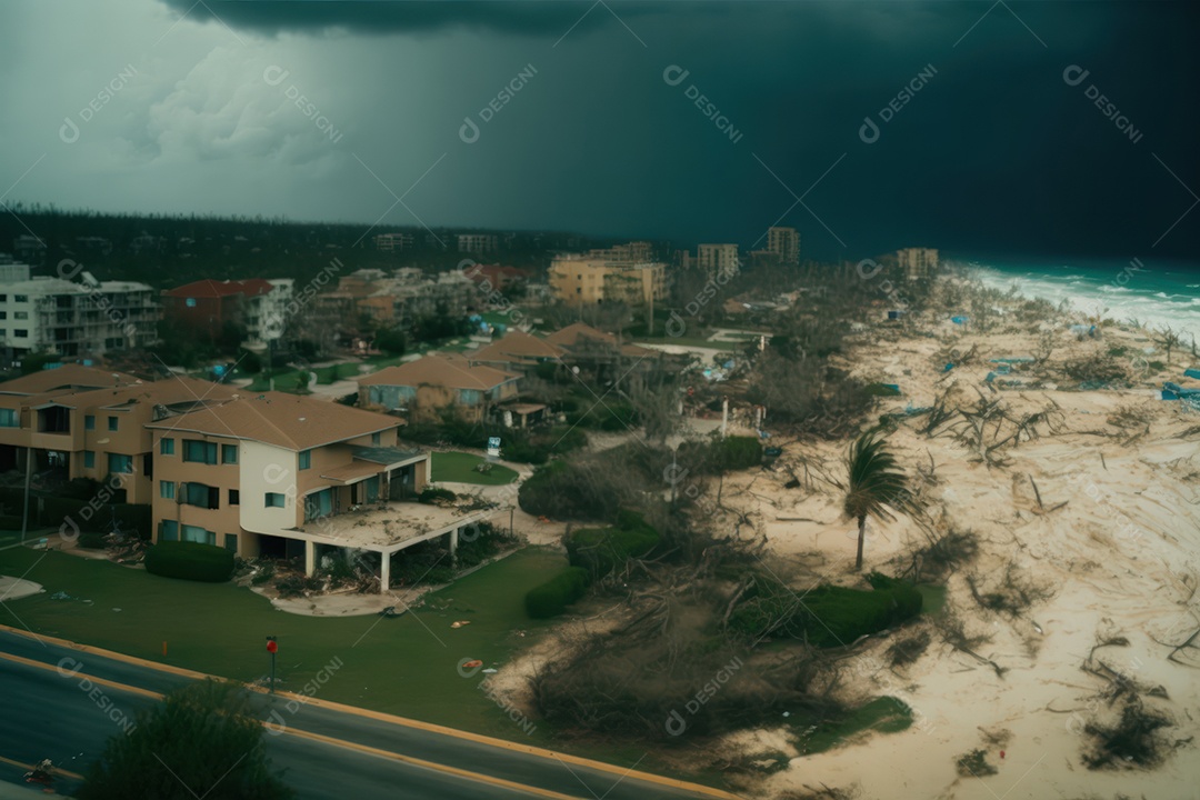 Furacão Tempestade de furacões destruindo grande parte da costa caribenha, ventos fortes, tsunamis, detritos, cidade destruída