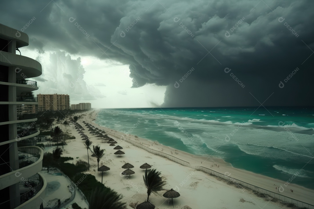 Furacão Tempestade de furacões destruindo grande parte da costa caribenha, ventos fortes, tsunamis, detritos, cidade destruída