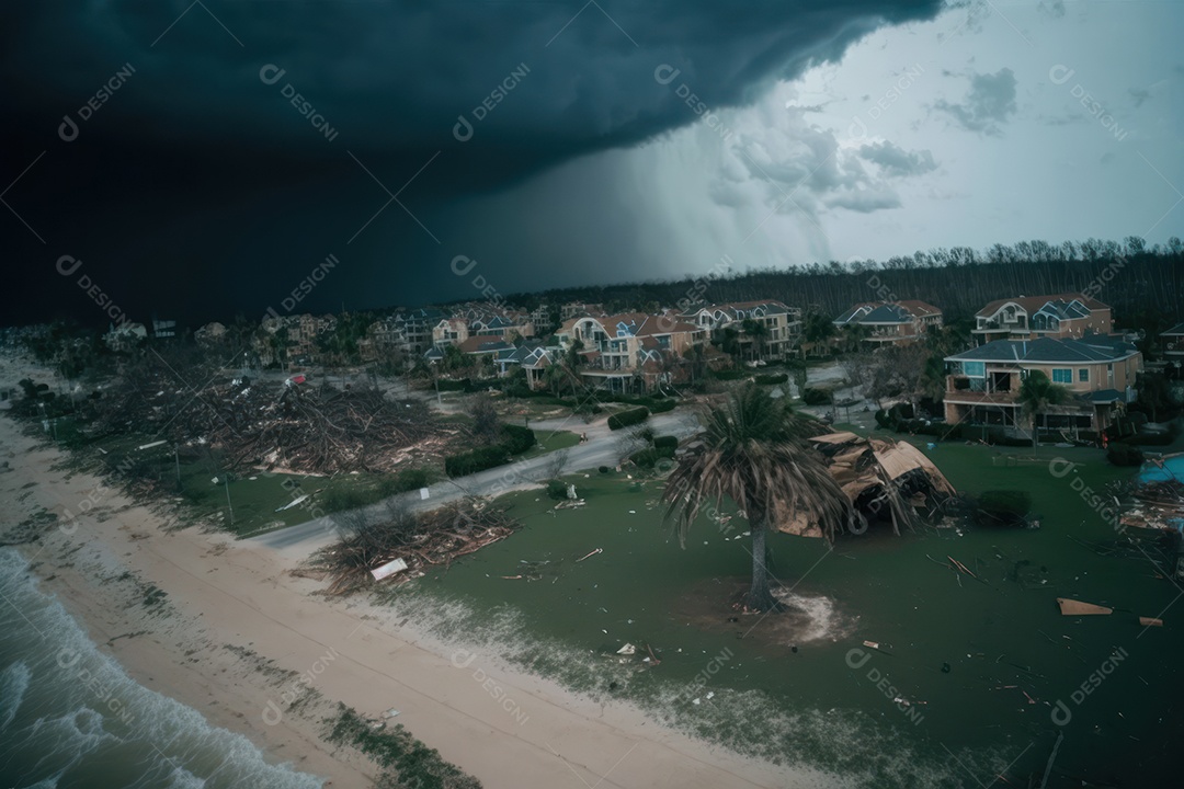 Furacão Tempestade de furacões destruindo grande parte da costa caribenha, ventos fortes, tsunamis, detritos, cidade destruída