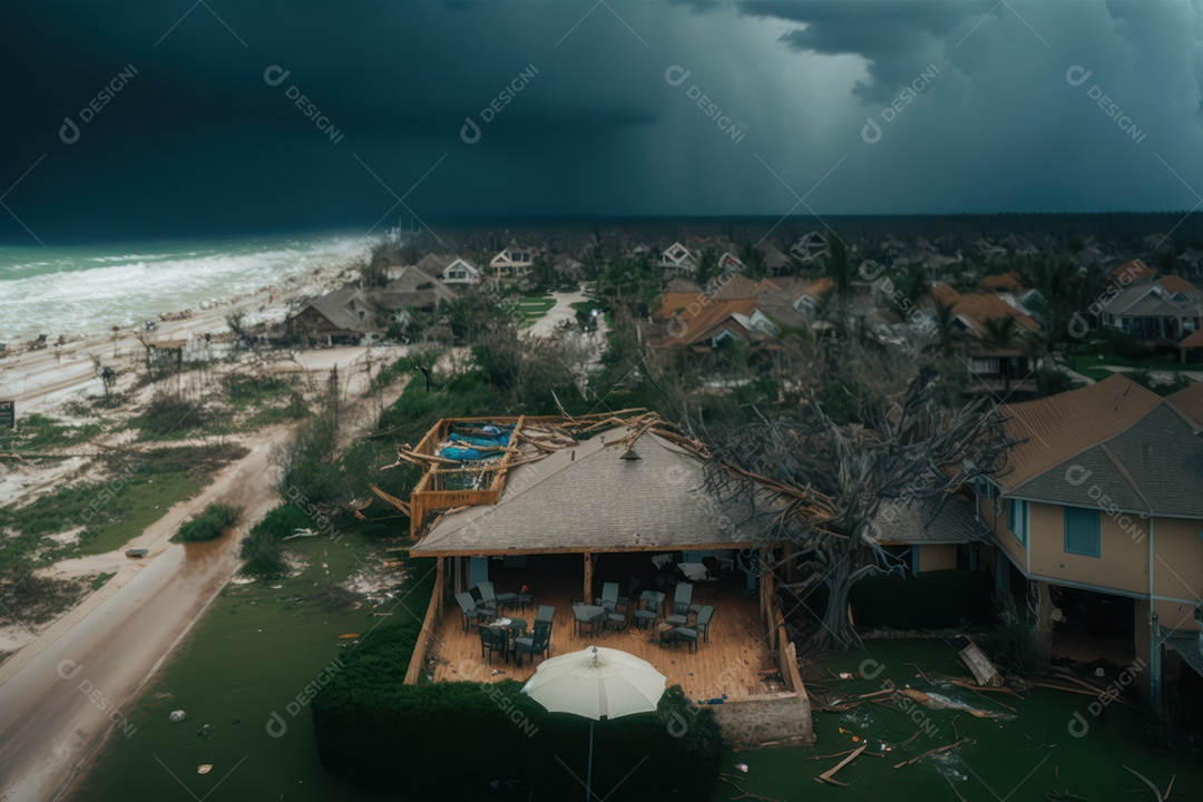 Furacão Tempestade de furacões destruindo grande parte da costa caribenha, ventos fortes, tsunamis, detritos, cidade destruída