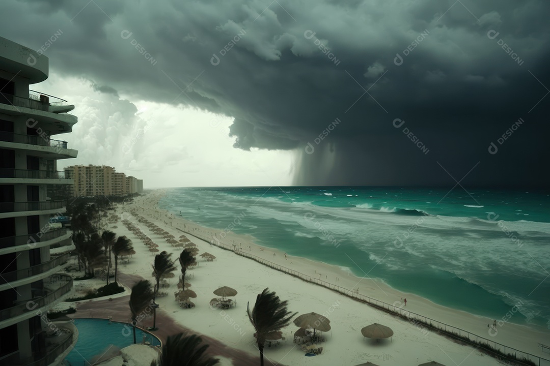 Furacão Tempestade de furacões destruindo grande parte da costa caribenha, ventos fortes, tsunamis, detritos, cidade destruída