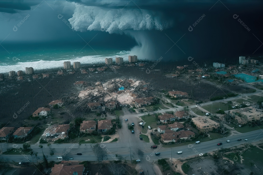Furacão Tempestade de furacões destruindo grande parte da costa caribenha, ventos fortes, tsunamis, detritos, cidade destruída