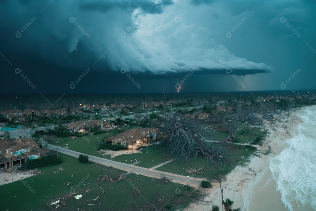 Furacão Tempestade de furacões destruindo grande parte da costa caribenha, ventos fortes, tsunamis, detritos, cidade destruída