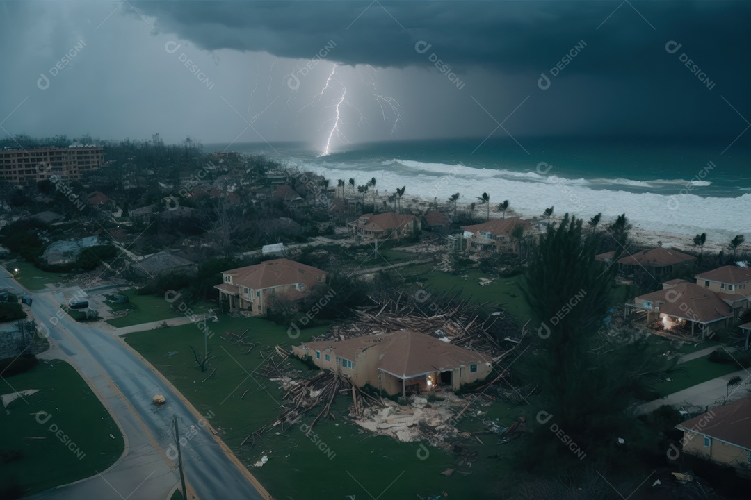 Furacão Tempestade de furacões destruindo grande parte da costa caribenha, ventos fortes, tsunamis, detritos, cidade destruída