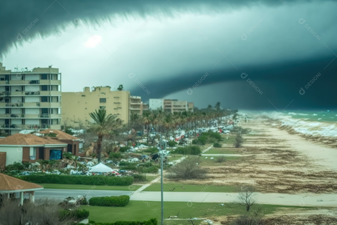 Furacão Tempestade de furacões destruindo grande parte da costa caribenha, ventos fortes, tsunamis, detritos, cidade destruída