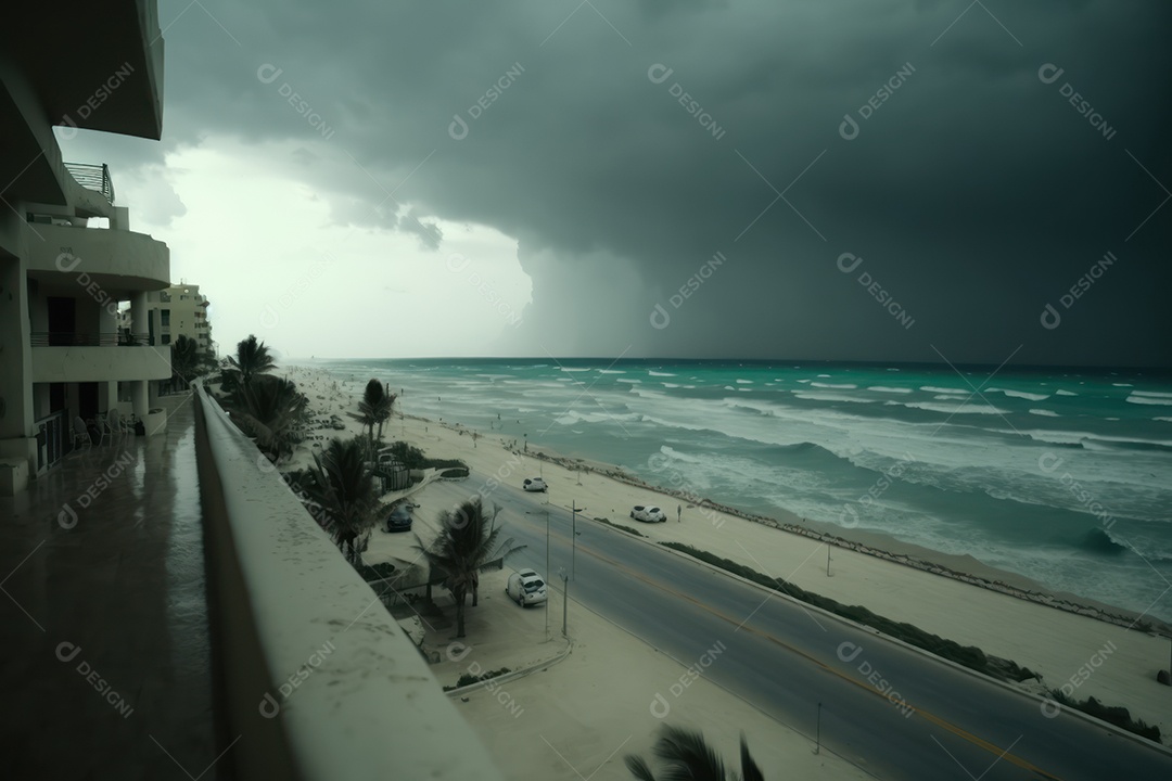 Furacão Tempestade de furacões destruindo grande parte da costa caribenha, ventos fortes, tsunamis, detritos, cidade destruída