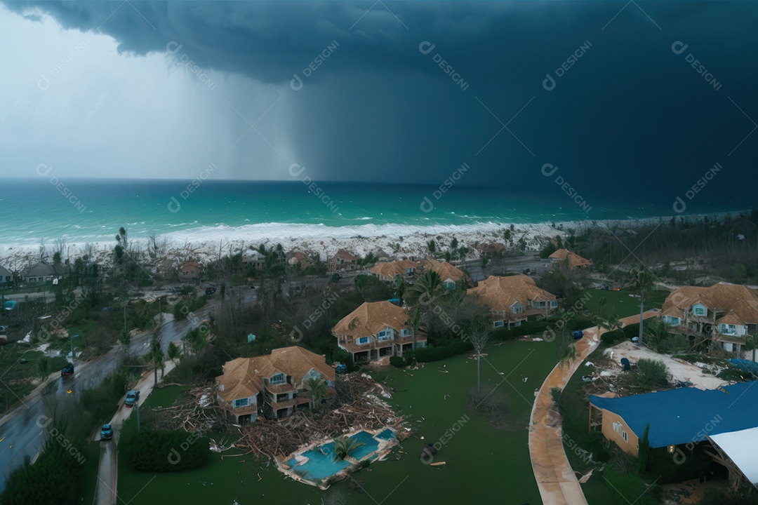 Furacão Tempestade de furacões destruindo grande parte da costa caribenha, ventos fortes, tsunamis, detritos, cidade destruída