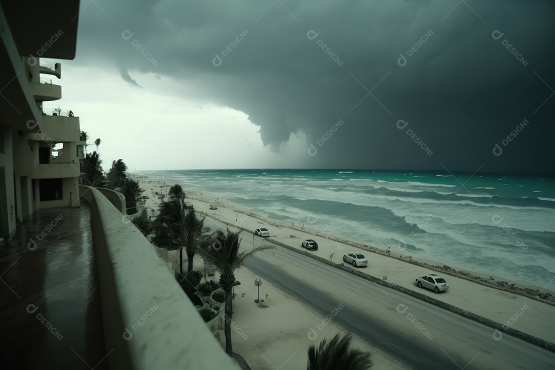 Furacão Tempestade de furacões destruindo grande parte da costa caribenha, ventos fortes, tsunamis, detritos, cidade destruída