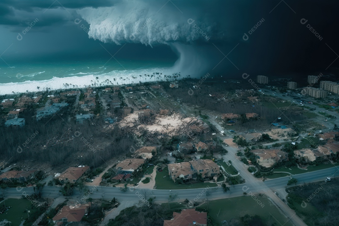 Furacão Tempestade de furacões destruindo grande parte da costa caribenha, ventos fortes, tsunamis, detritos, cidade destruída