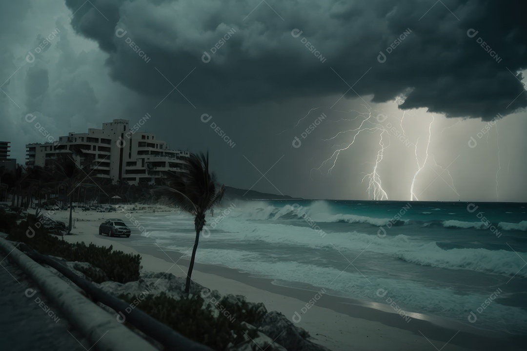 Furacão Tempestade de furacões destruindo grande parte da costa caribenha, ventos fortes, tsunamis, detritos, cidade destruída