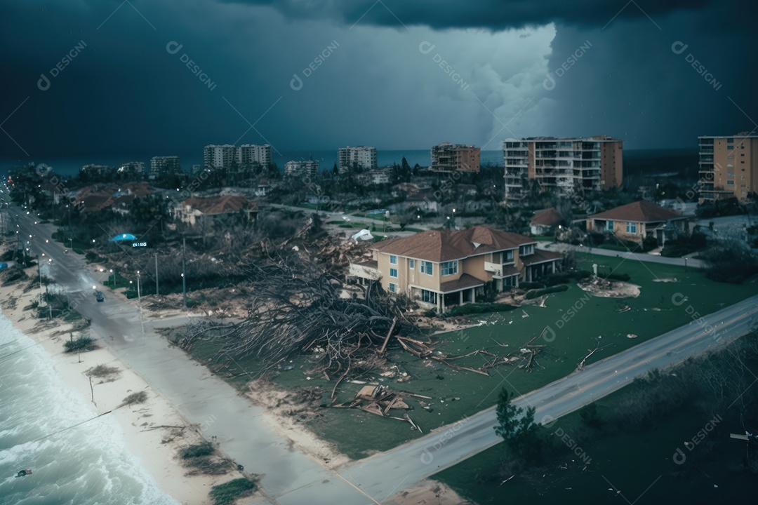 Furacão Tempestade de furacões destruindo grande parte da costa caribenha, ventos fortes, tsunamis, detritos, cidade destruída