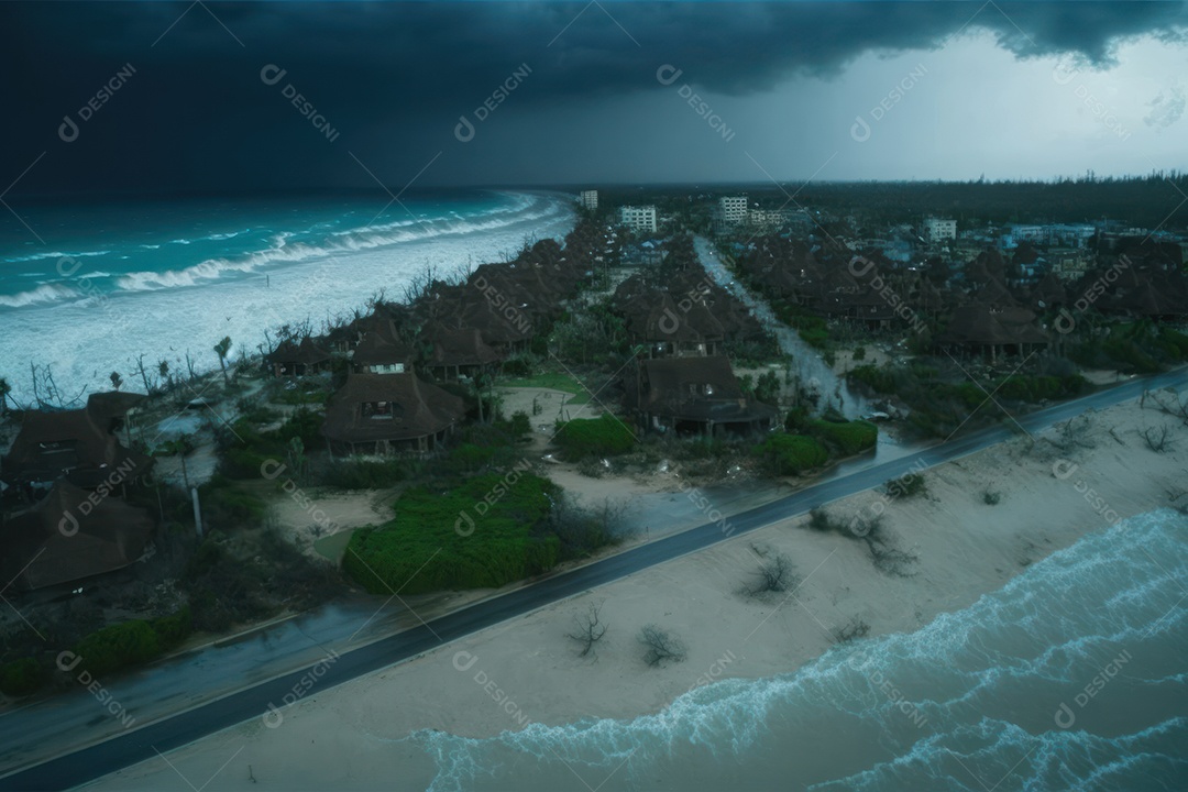 Furacão Tempestade de furacões destruindo grande parte da costa caribenha, ventos fortes, tsunamis, detritos, cidade destruída