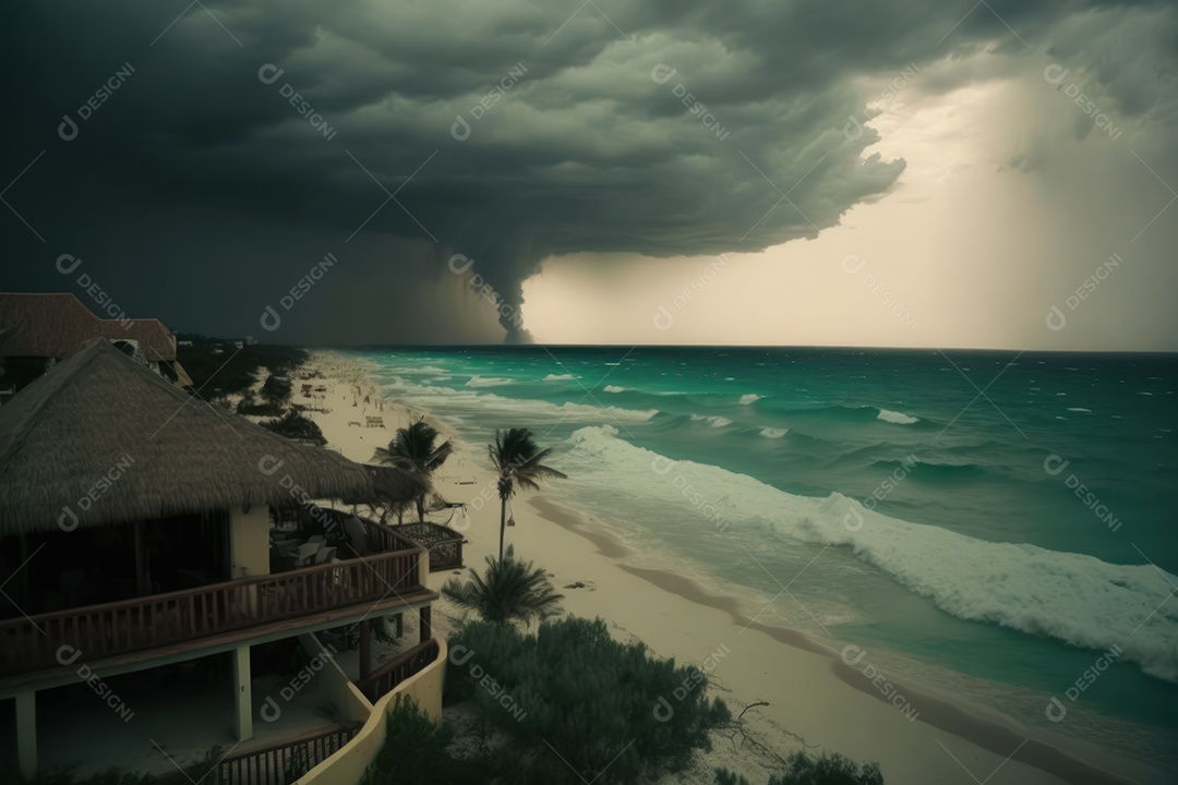 Furacão Tempestade de furacões destruindo grande parte da costa caribenha, ventos fortes, tsunamis, detritos, cidade destruída