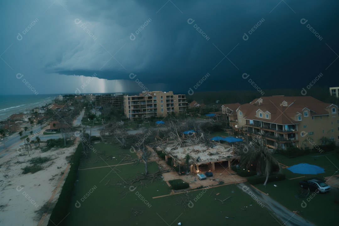 Furacão Tempestade de furacões destruindo grande parte da costa caribenha, ventos fortes, tsunamis, detritos, cidade destruída