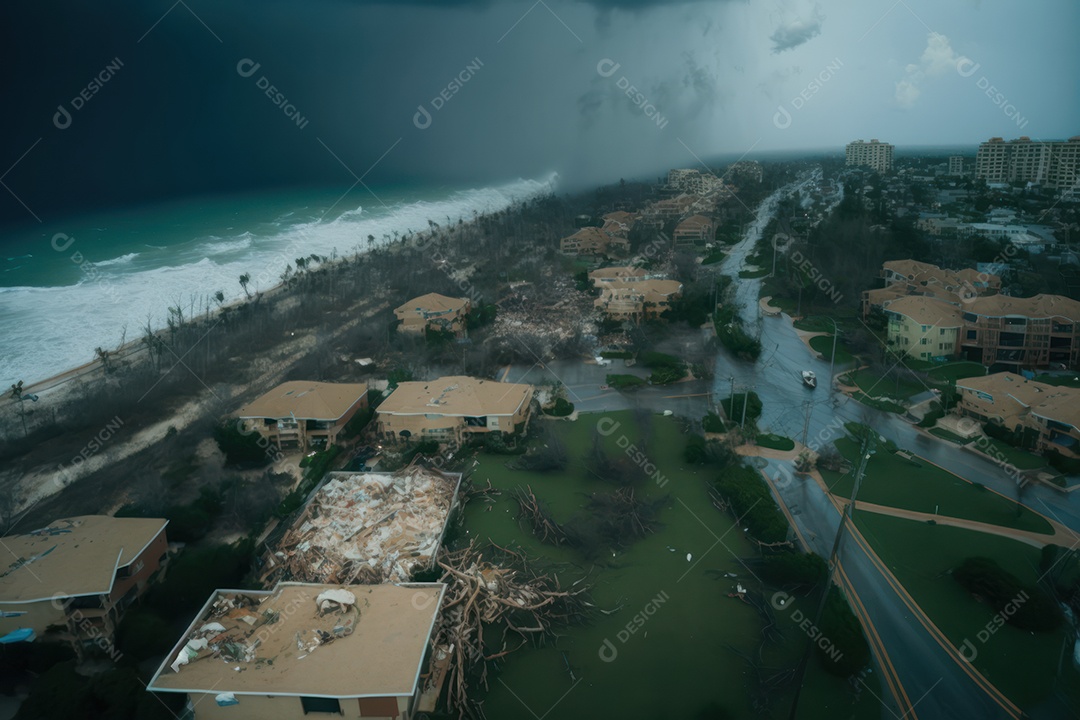 Furacão Tempestade de furacões destruindo grande parte da costa caribenha, ventos fortes, tsunamis, detritos, cidade destruída
