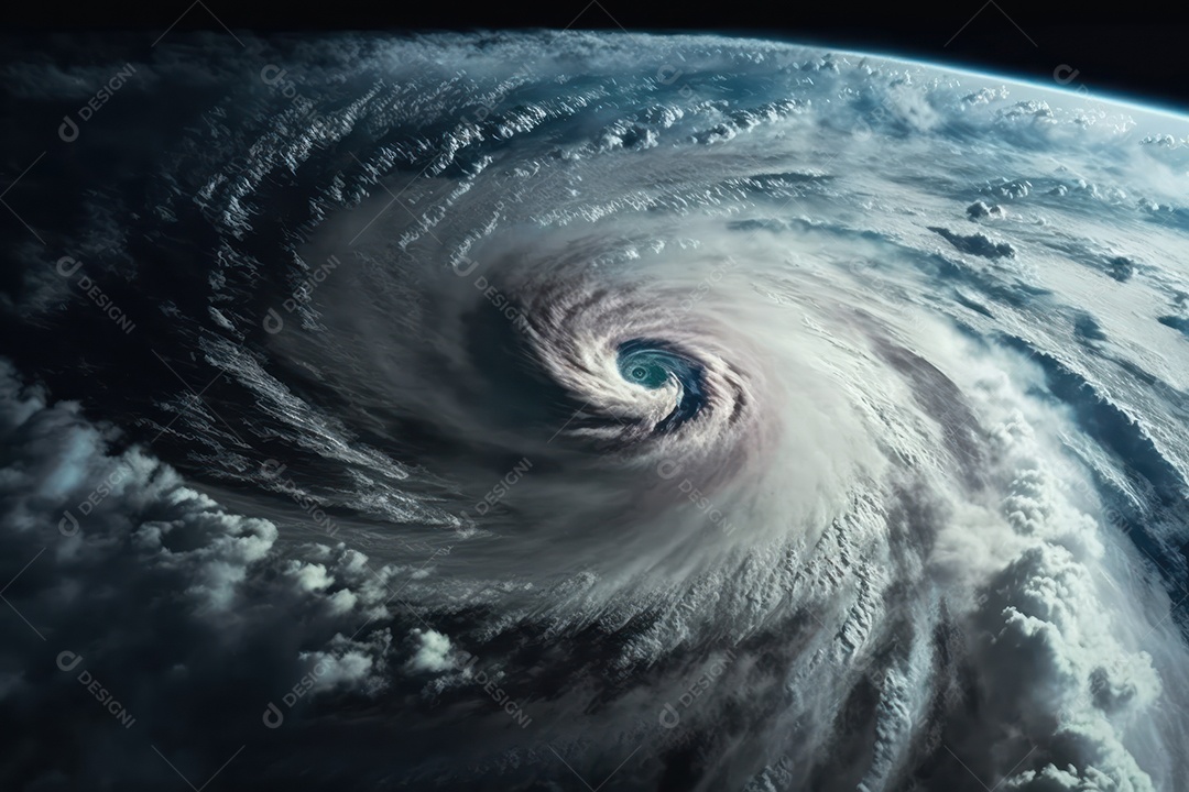 Imagem de grande furacão visto por satélite orbitando a Terra, grande tempestade de nuvens volumosas e clima tempestuoso dramático