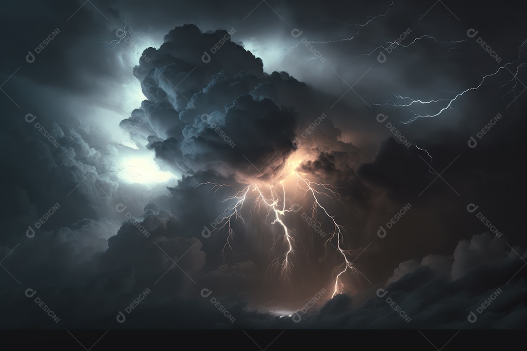 Enorme imagem de tempestade de nuvens volumosas e furacões, chuva, ventos fortes, raios e clima tempestuoso dramático