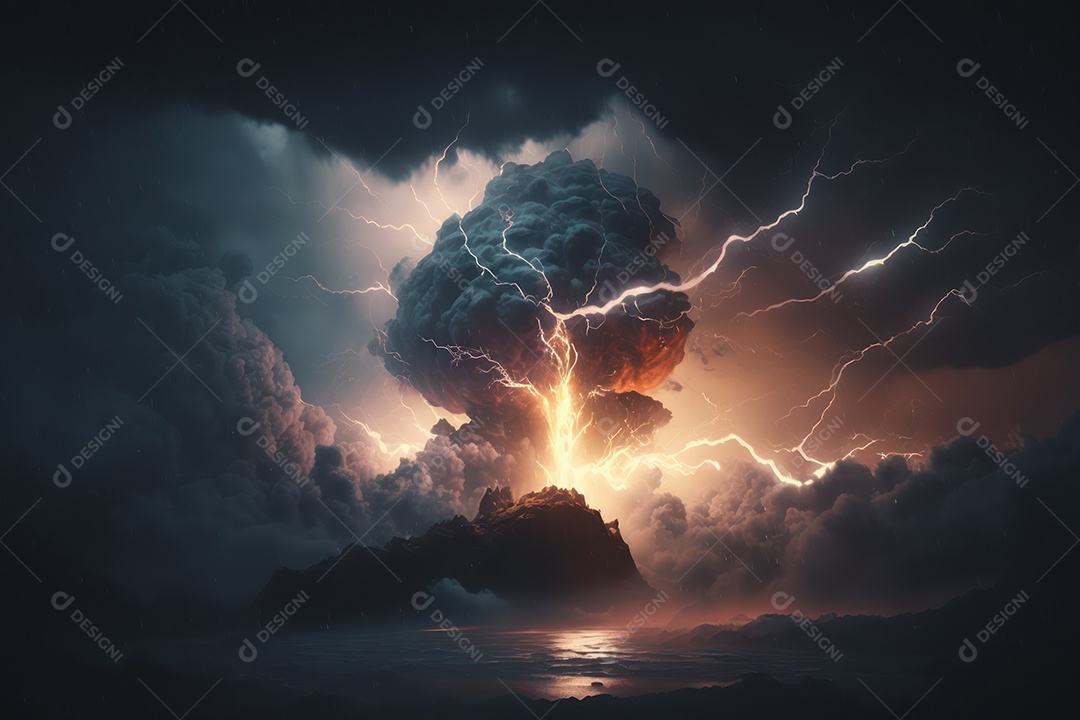 Enorme imagem de tempestade de nuvens volumosas e furacões, chuva, ventos fortes, raios e clima tempestuoso dramático