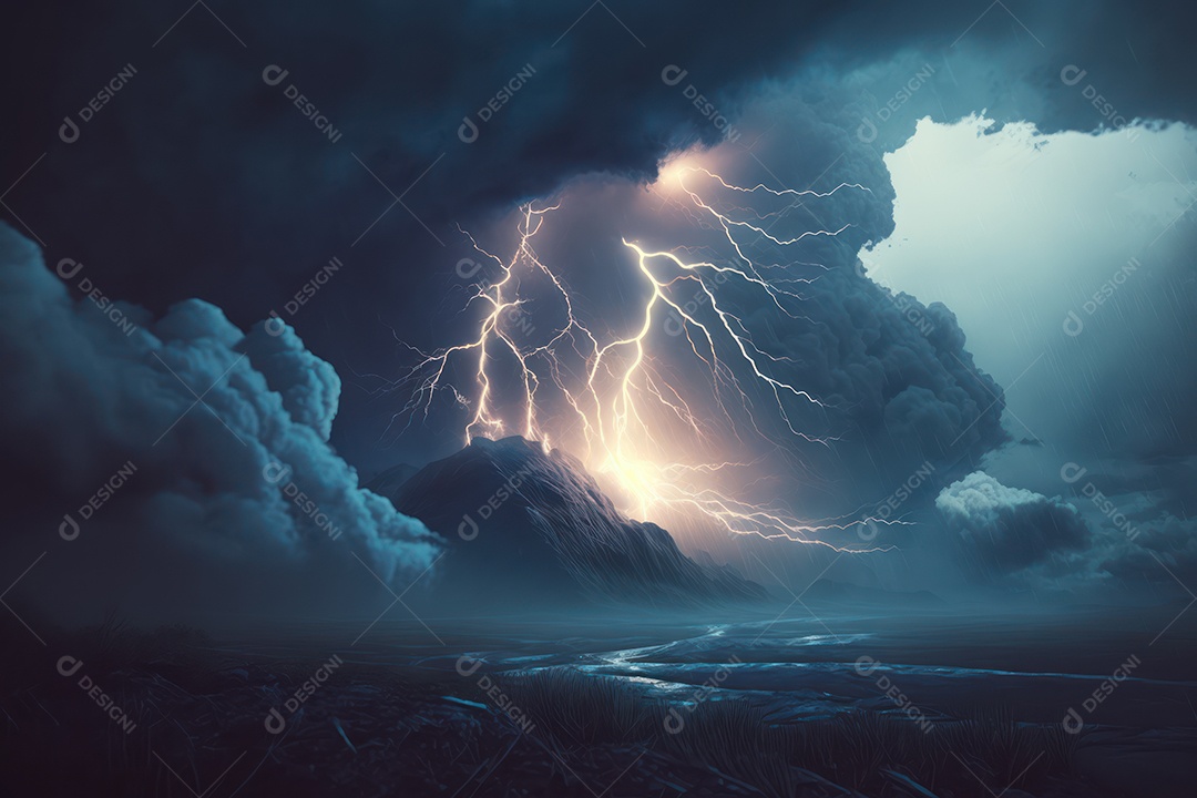 Enorme imagem de tempestade de nuvens volumosas e furacões, chuva, ventos fortes, raios e clima tempestuoso dramático